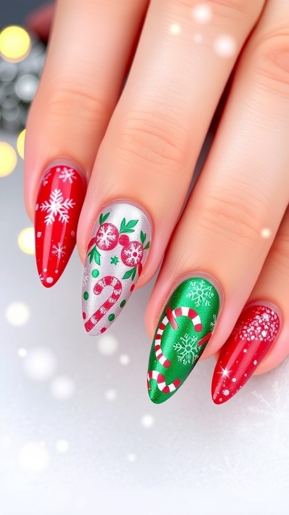Festive Christmas Nail Art for Almond Nails Almond-shaped nails with Christmas designs including snowflakes and candy canes, set against a festive background.